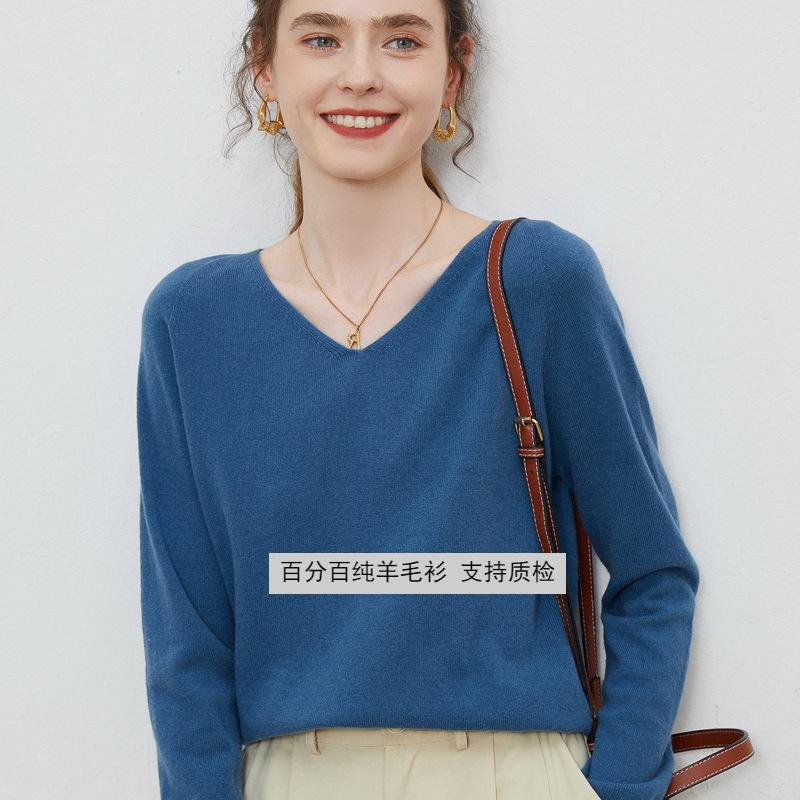 front line ready-made garments woolen sweater women's 100 wool base shirt v-neck knitted loose cashmere sweater slimming top autumn and winter