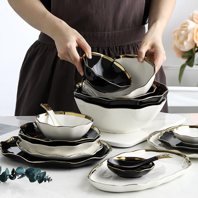 Nordic Gold-Plated Ceramic Plate Creative Ruffled Bowl Dish & Plate Western Cuisine Plate Steak Plate Salad Bowl Soup Bowl Rice Bowl