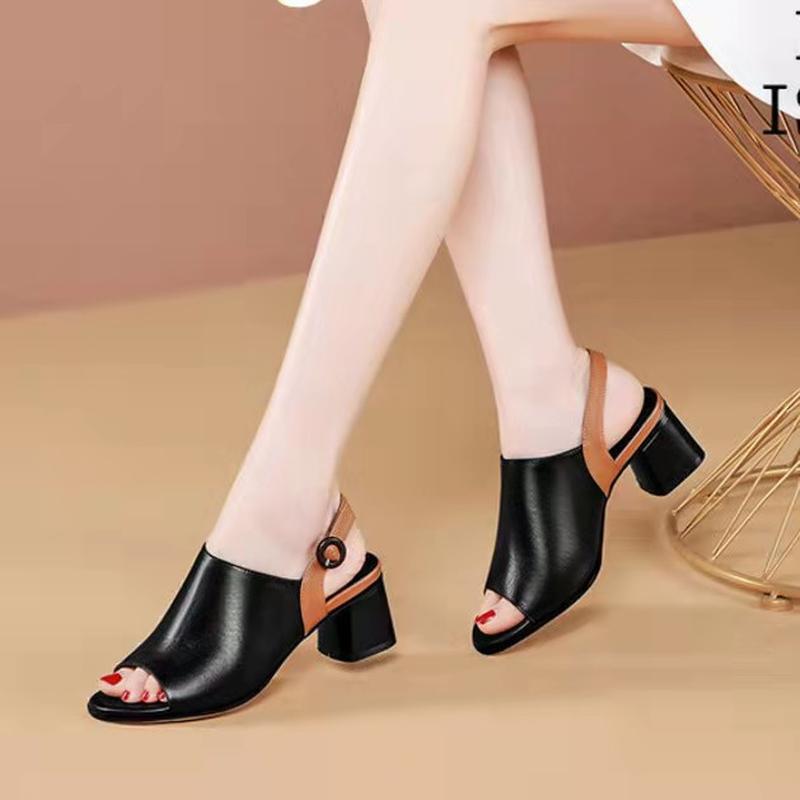 women's sandals 2024 summer new leather high heel in stock real soft leather chunky heel plus size european and american peep toe fashion sandals