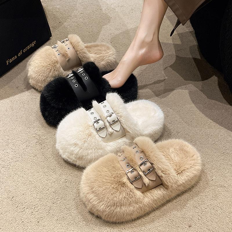 thick bottom 7cm closed toe fluffy slippers women 2023 winter new korean style outer wear double breasted small cotton slippers