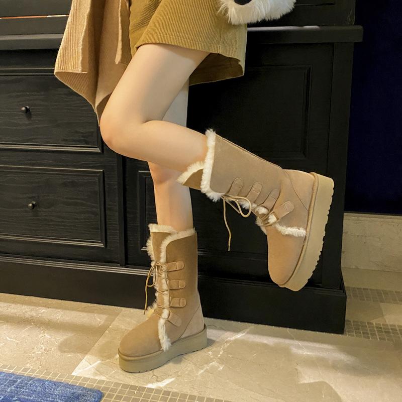 sheepskin fur thick bottom lace-up mid-calf length snow boots women's autumn and winter new thick fleece northern warm boots