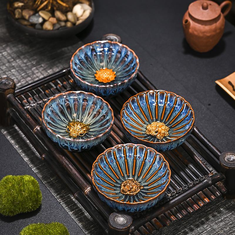 kiln change silver inlaid master cup gold ceramic tea cup tea set tea cup single tea bowl household kung fu tea cup building cup