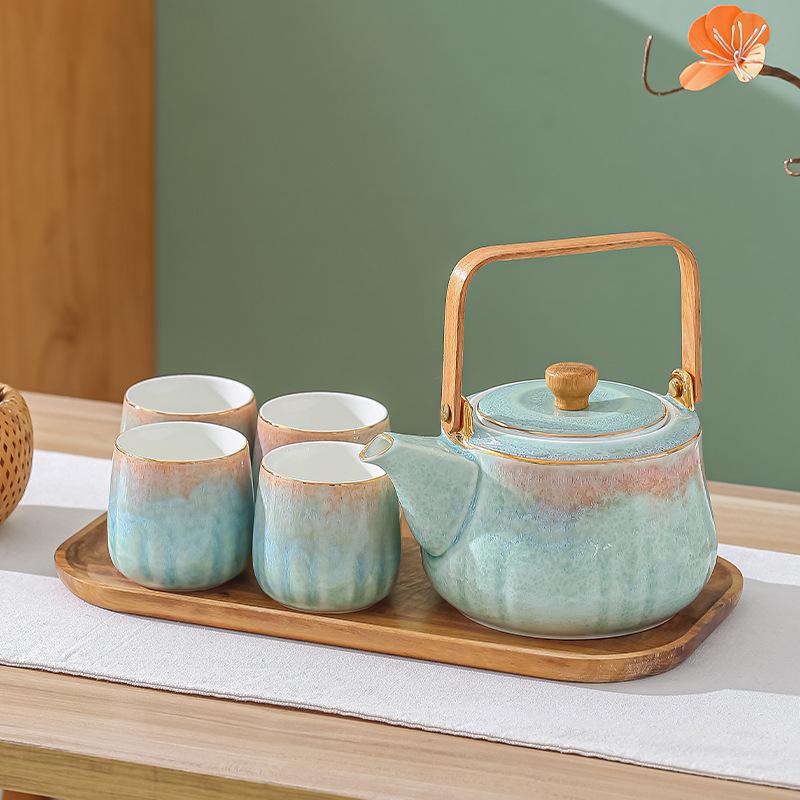 glaze kiln contrast color household tea set creative gift band tray tea set one pot four cups ceramic tea set gift box