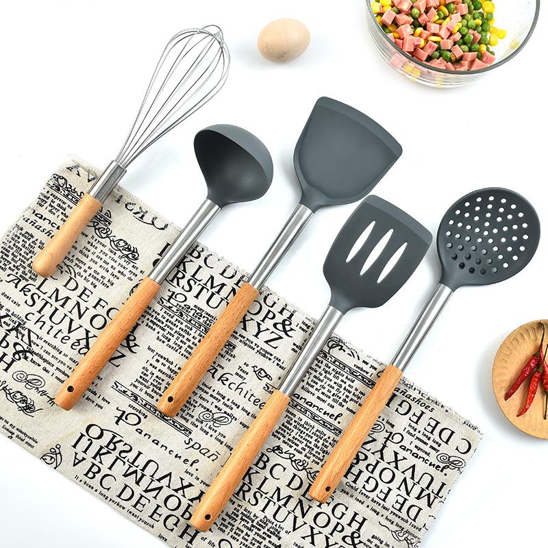 beech tube handle silicone kitchenware set kitchen tools 5-piece set cooking spoon and shovel set kitchen