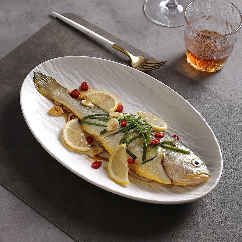 rock pattern 12-inch fish dish oval ceramic plate tray high-grade large plate for steamed fish dishes