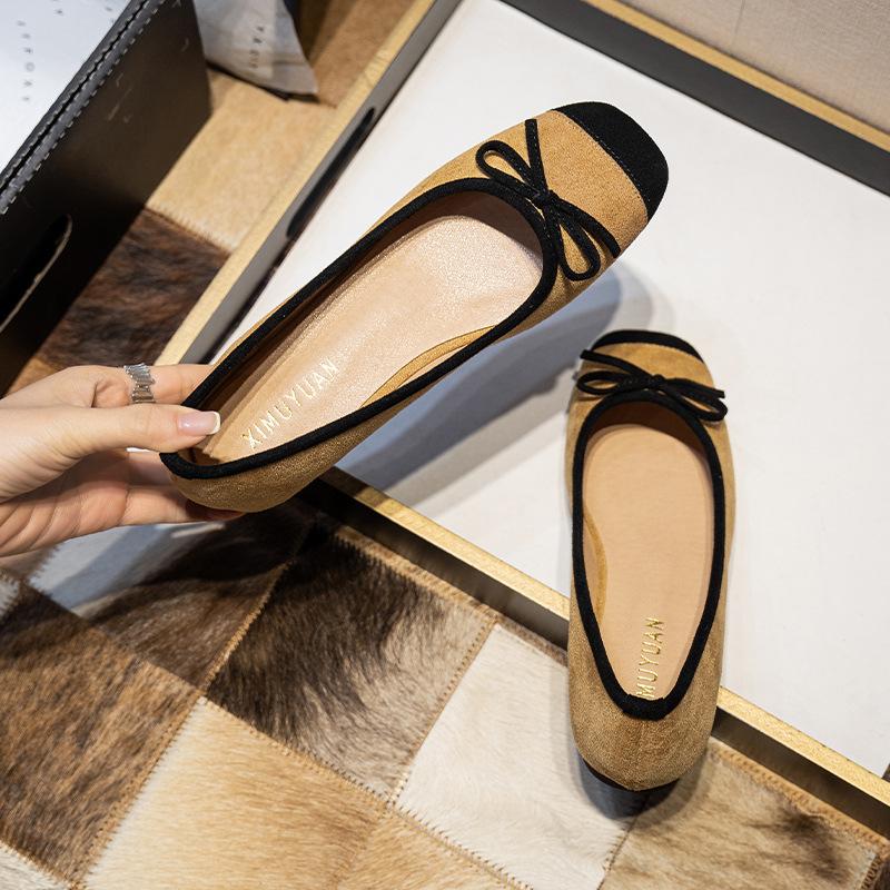 2024 spring new classic style color matching pumps square toe low-cut flat shoes soft bottom suede low heel shoes pumps plus size