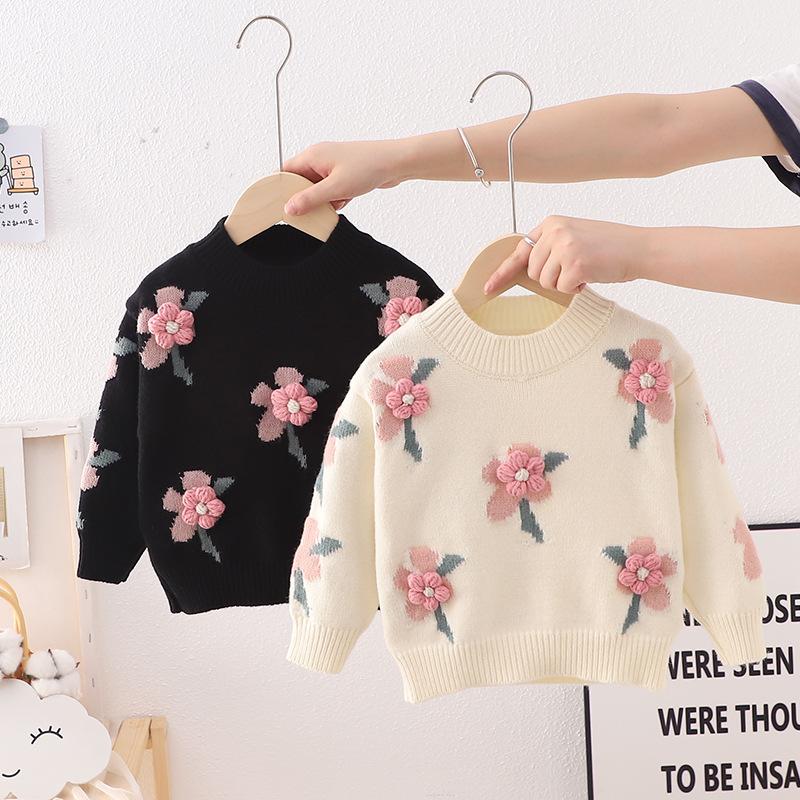 Children's Clothing 2022 Autumn and Winter New Girls' Cute Little Flowers Baby Knitted Pullover Kids' Sweater Bottoming Shirt