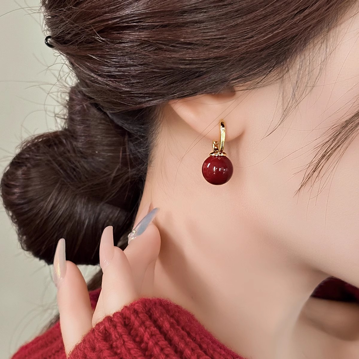 Retro wine red earrings for autumn and winter, 2024 new bestsellers, cinnabar earrings, New Year gifts, pure silver earrings for the zodiac year Specification image