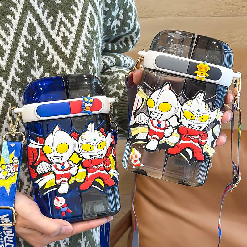 ultraman water cup children's plastic cup for school good-looking lanyard water bottle double warehouse double drink cup with straw wholesale