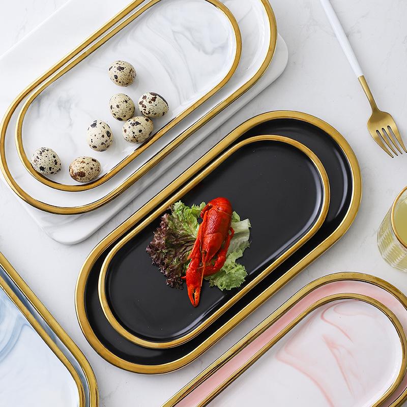 nordic ins creative simple marbling ceramic plate oval disk steak plate home storage jewelry plate tray