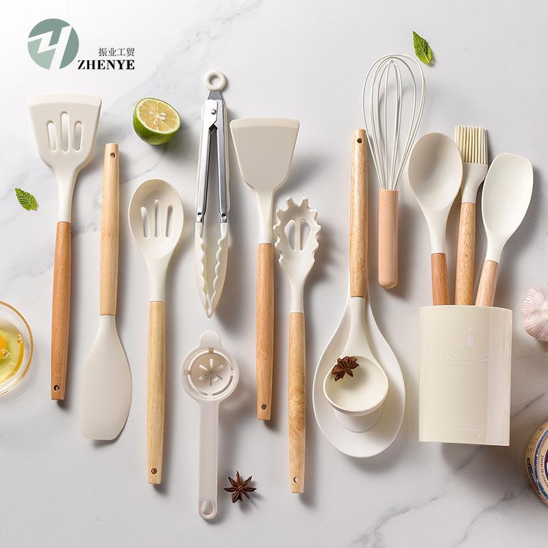 light version 750g silicone kitchenware set wooden handle 14-piece kitchen tools cooking spatula set 14-piece set