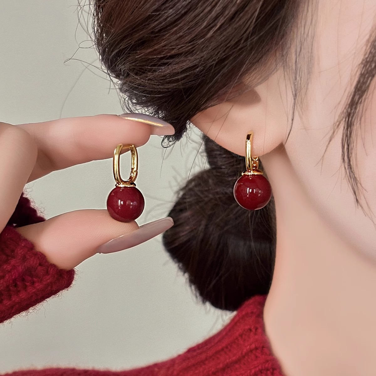 Retro wine red earrings for autumn and winter, 2024 new bestsellers, cinnabar earrings, New Year gifts, pure silver earrings for the zodiac year details Picture
