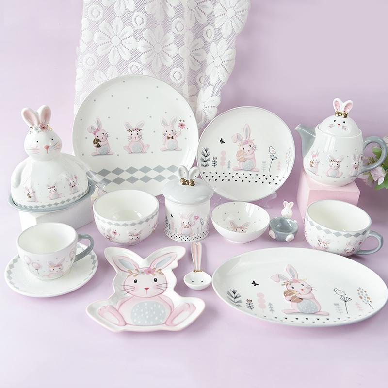 creative cute rabbit ceramic plate rice bowl and plates set light luxury ceramic relief tableware home breakfast salad bowl butterfly