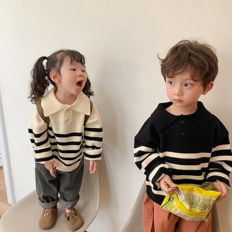 preppy style kids' sweater korean style boys' and girls' fashion striped top baby pullover sweater 2024 autumn clothes