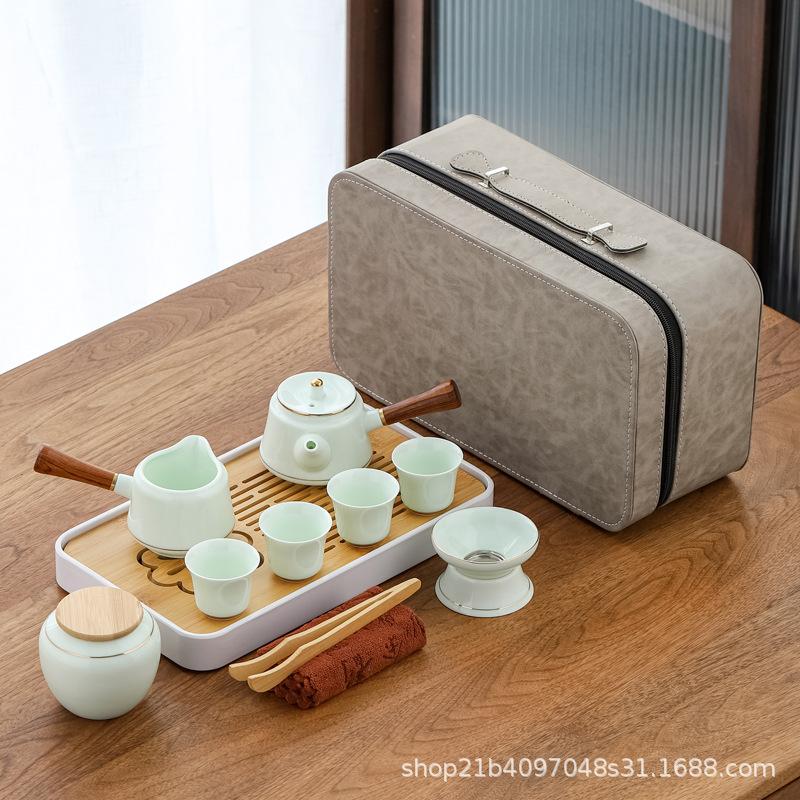 portable travel tea set emerald green white jade misty blue side handle pot one pot four cups with tea pot holiday gift