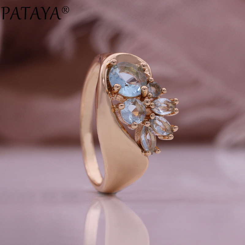 PATAYA Blue Microwax inlaid zircon Fashion Earrings and Rings Set 585 Russian rose Gold jewelry Cross-border Direct supply to Europe and America jewelry set Specification image