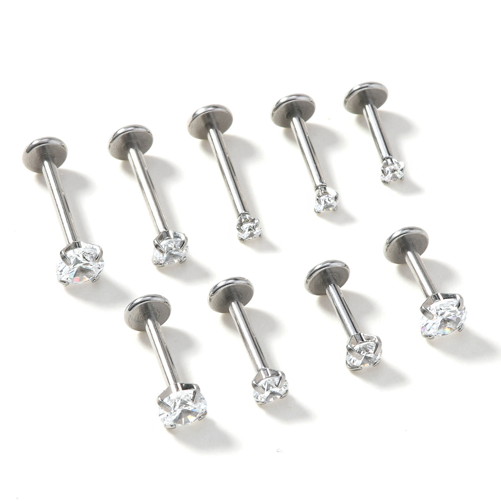 跨境不锈钢9件银色镶嵌水钻迷你直细杆平底T型简约个性时尚舌钉女