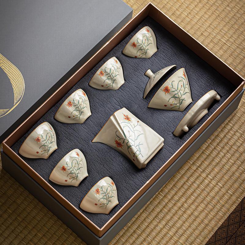 ru-kiln gift box tea set teapot gracked glaze supportable kung fu tea ceramic tea set gift set high-end gift