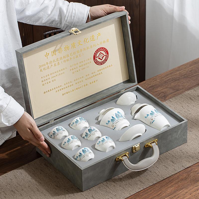 white jade porcelain tea set suit household complete set kung fu tea set blanc de chine high-end gift box light luxury teaware gifts