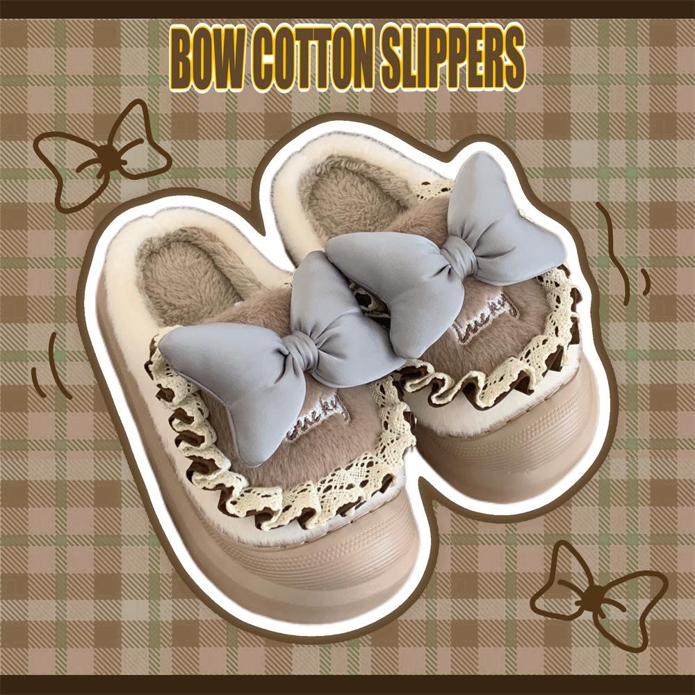 sweet style 2024 new lolita bow cotton slippers women's winter online influencer cute home closed toe cotton shoes