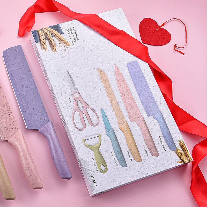 in stock kitchen knife kit wheat straw six-piece set color kitchen knife mini gift box gift household knife set