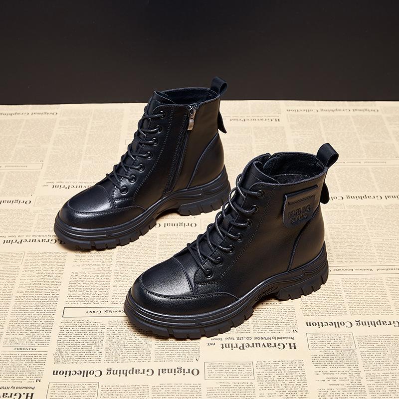 leather martin boots women's british style 2023 autumn and winter new short boots side zipper round head chunky heel lace-up tide boots
