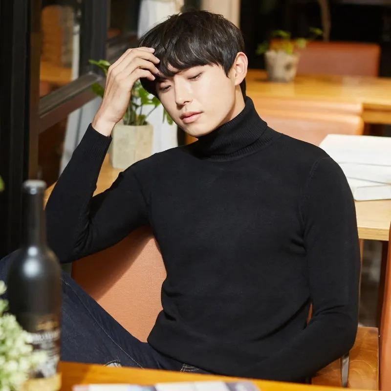 men's 2024 turtleneck sweater spring and autumn new solid color trendy handsome knitwear core yarn sweater