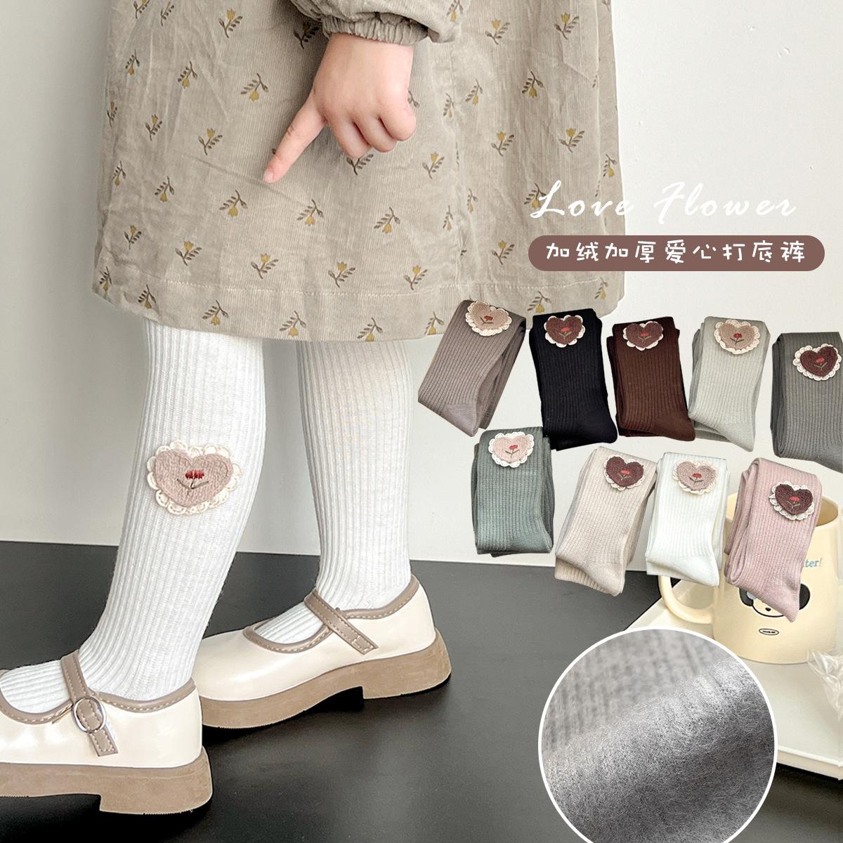 children's leggings autumn and winter korean style love with fleece pantyhose vertical stripes girls'socks outer wear brushed baby coaster full figure