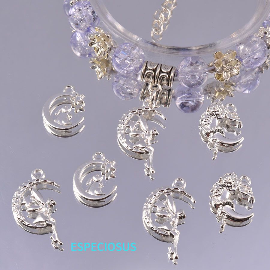 diy bright silver carved moon alloy pendant, beaded accessory, hollowed-out crescent moon mobile phone lanyard hanging piece