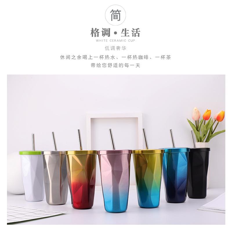 wholesale gradient color cup with straw fashion cup with straw diamond vacuum cup coffee cup factory wholesale customization