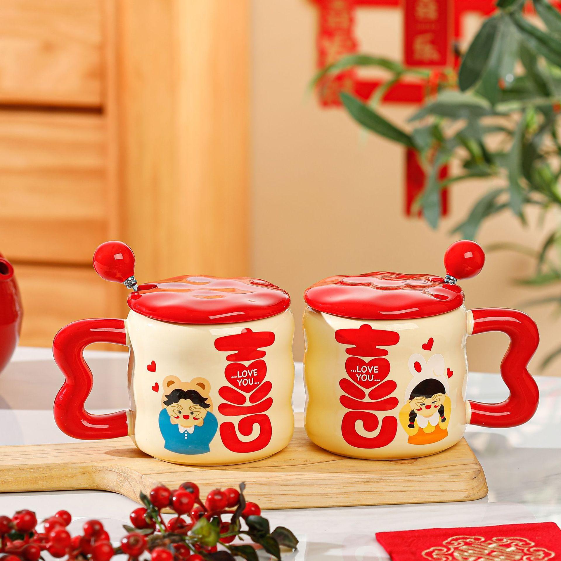 newly-married marriage couple's cups cup festive ceramic mug gift box with hand gift set dowry opening wholesale thumbnail