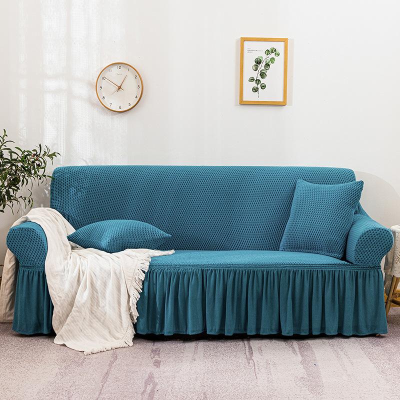 Nordic High-End Solid Color Fabric Craft Sofa Cover All-Inclusive Lace Thickened Turkish Small Plaid Sofa Slipcover Four Seasons Wholesale