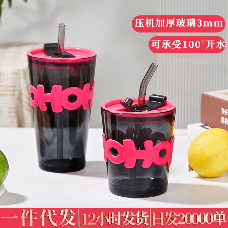 bamboo joint glass straw cup tumbler letter cup drainage advertising gift cup customized wholesale coffee cup