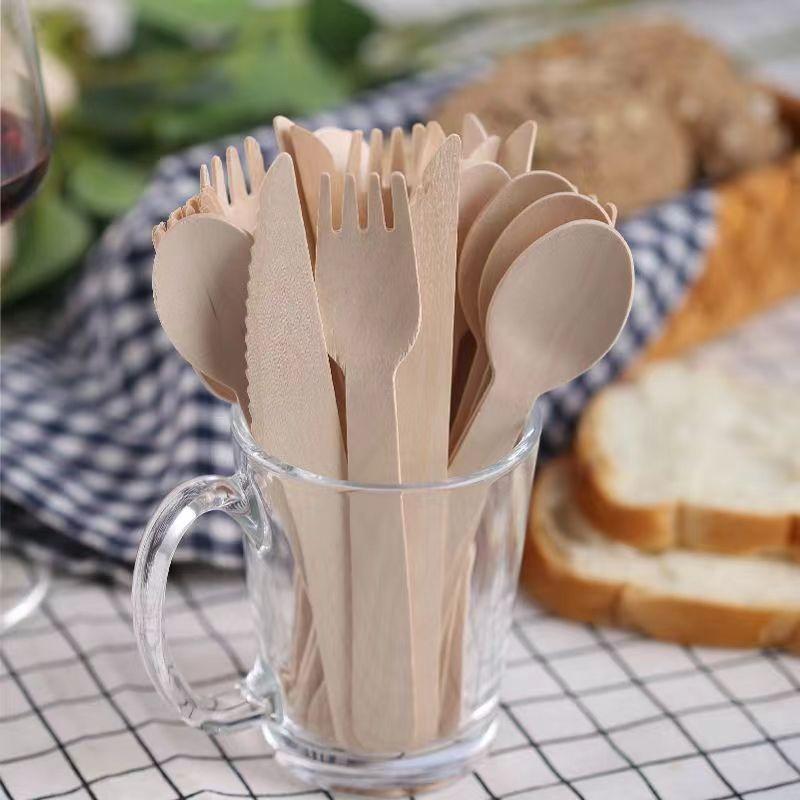 environmentally friendly degradable wood tableware disposable wooden knife, fork and spoon dessert cake spoon western food wooden knife, fork and spoon 25 pieces