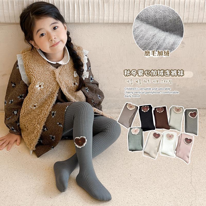 children's leggings autumn and winter korean style love with fleece pantyhose vertical stripes girls'socks outer wear brushed baby coaster details Picture