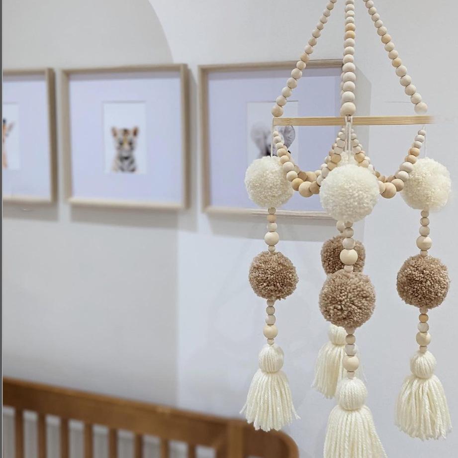 INS Nordic Style New Baby Bed Bell Children's Mobile Phone Fur Ball Tassel Wooden Bead Bed Bell Children's Room Decoration