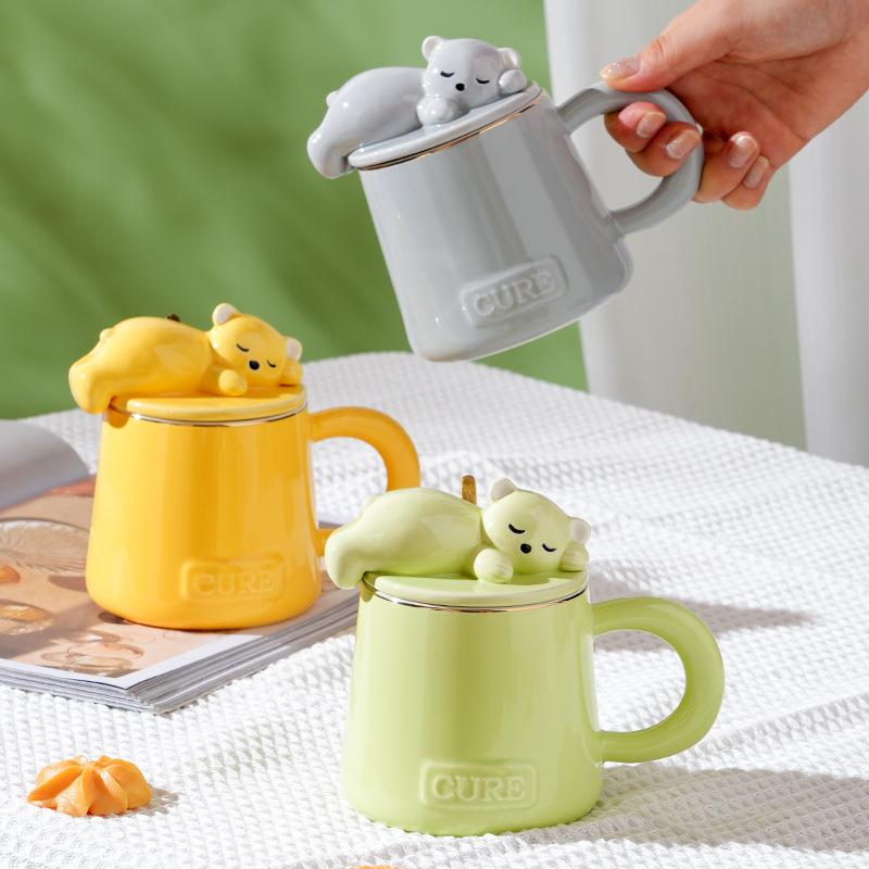 cute leaning bear ceramic mug household water cup student couple's cups cup with lid
