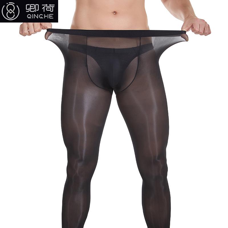 Qing He 100.00kg Large Size Oily Pantyhose Men's plus-Sized U-Shaped Bag Stockings Shiny Transparent Ultra-Thin High Stretch Yarn Smooth full figure
