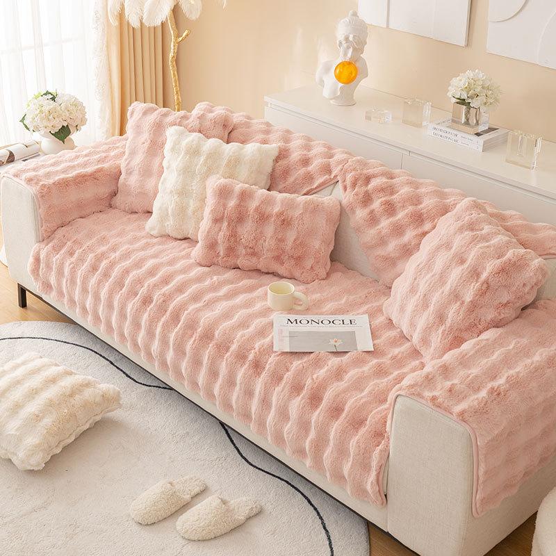 2023 New Sofa Cushion Winter Rabbit Plush Thickened Fleece-lined Non-Slip Seat Cushions Leather Sofa Cover Cover Cloth details Picture