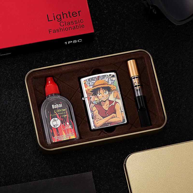 bh6842 one piece anime creative metal kerosene lighter grinding wheel windproof three-piece lighter wholesale