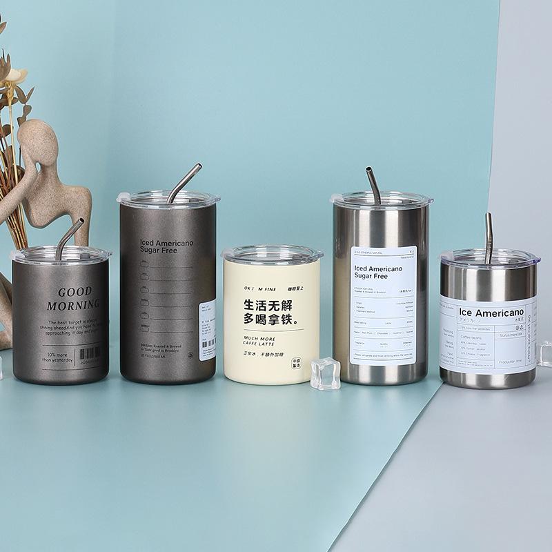 cross-border 304 stainless steel ice american coffee cup vacuum double rounds straw tumbler household portable vacuum cup