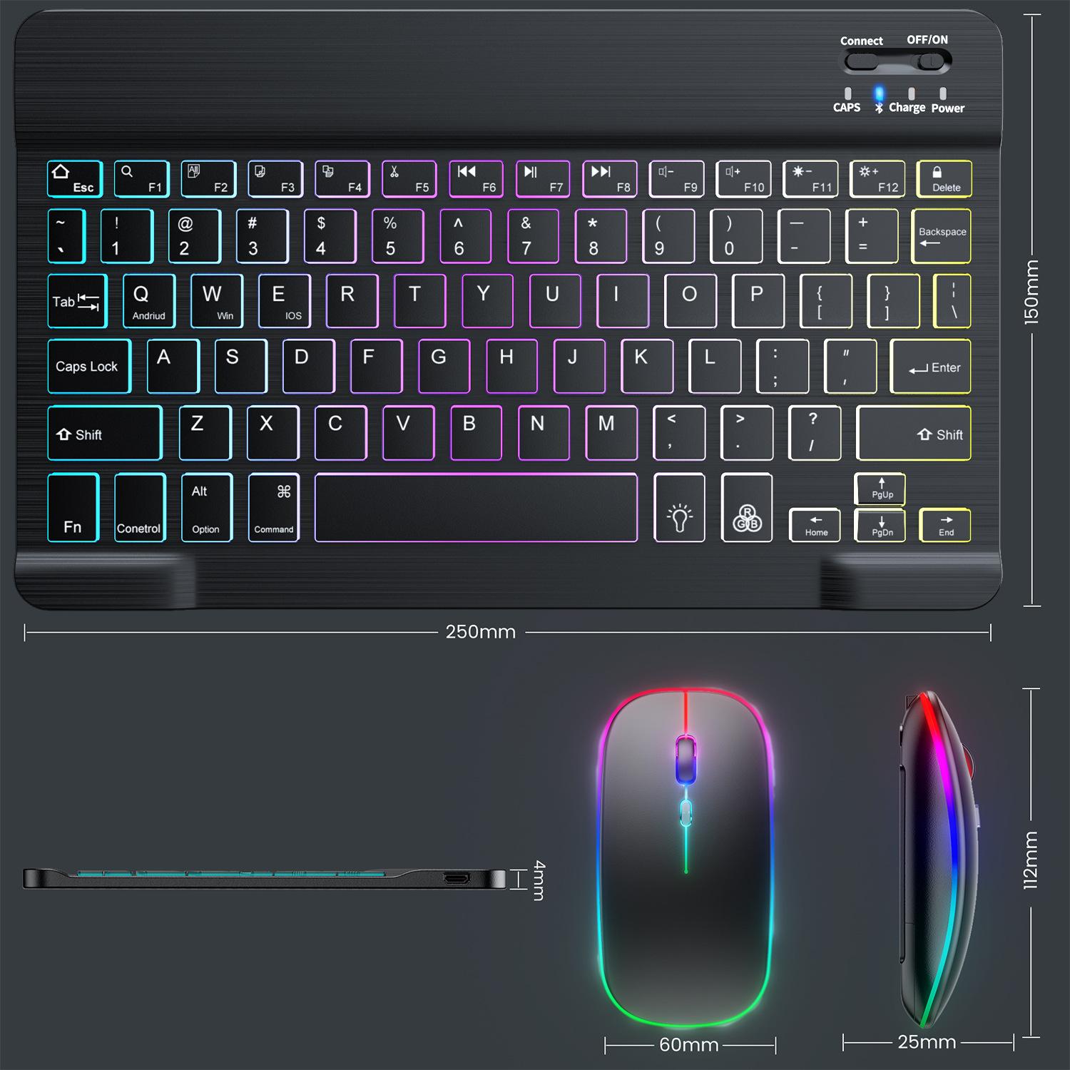 Backlit Bluetooth Keyboard Mouse for Ipad Tablet Magic Control Keyboard 10-Inch Colorful Light Luminous Bluetooth Specification drawing