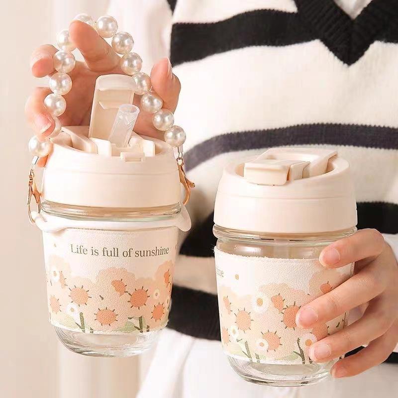 good-looking coffee cup double drink cup portable glass water cup ins cup with straw internet celebrity same pearl bracelet cup