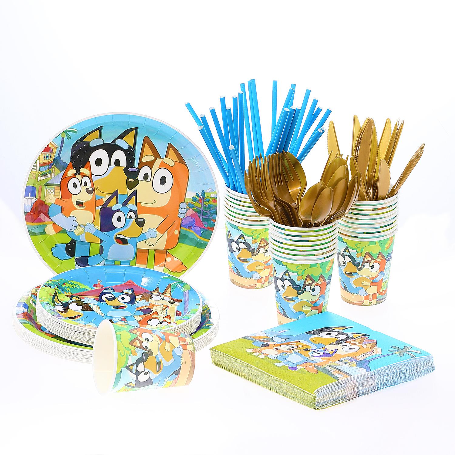 cross-border new arrival unique bluey birthday party suit disposable paper tray paper cup tissue knife, fork and spoon supplies