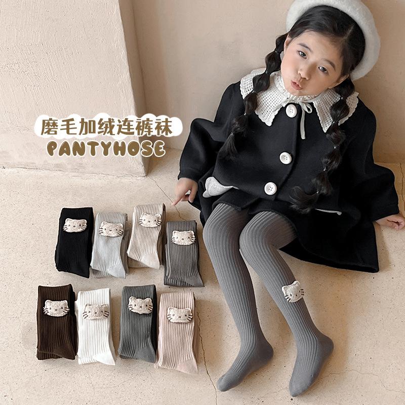 new children's leggings autumn and winter with fleece pantyhose cute  vertical stripes girls'socks outer wear warm-keeping socks pants full figure