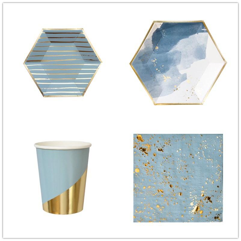 new green-blue hexagonal hot gold foil plate children's birthday party decoration plate cake stand disposable knife and fork