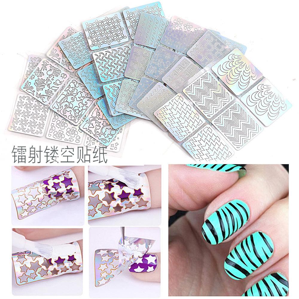 Square Hollow Nail Stickers 24 Pieces Laser Nail Sticker French-Style Nail Stickers Nail 3D Printing Stickers Set