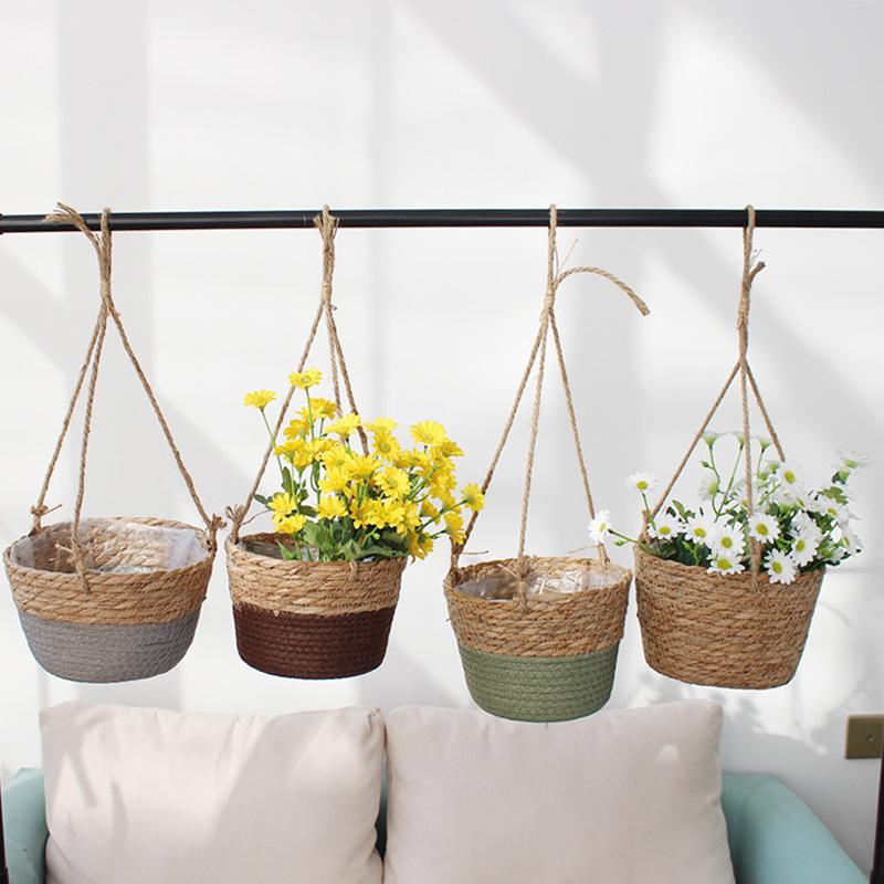 straw baskets flower pot hemp rope woven flower basket rattan basket chlorophytum comosum pot plant flower pot hanging hanging pots
