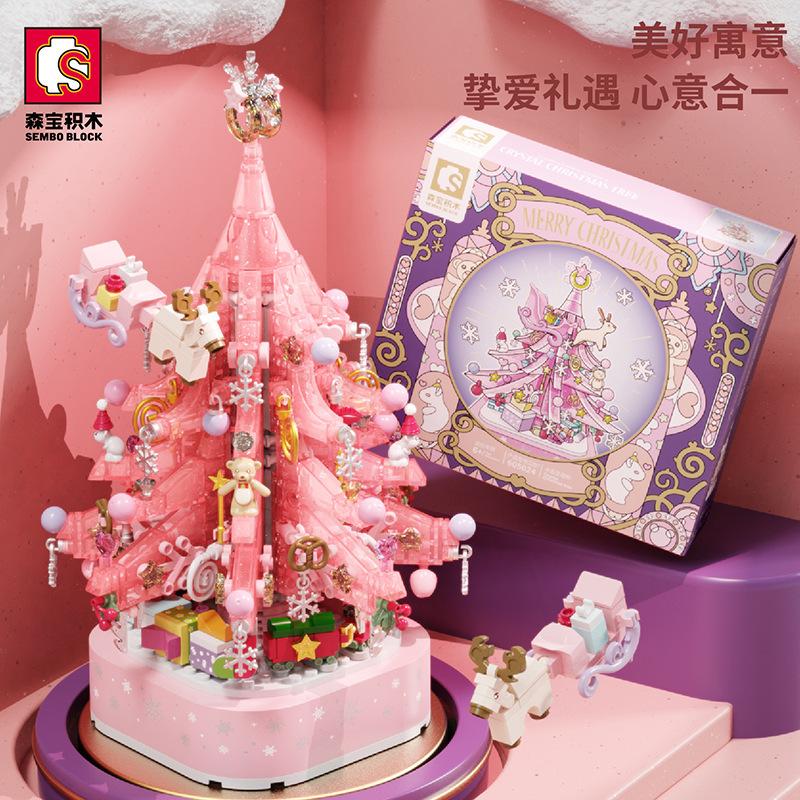 Baby SEMP 605024-26 Pink Crystal Christmas Tree Music Box Small Particle Children Assembling Building Blocks Toy Gift