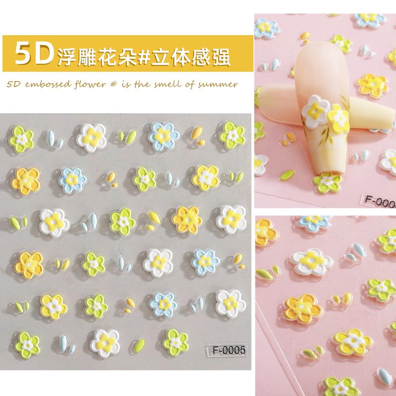 Cross-Border 2023 Cartoon Nail Stickers Embossed 5D Stereo Cute Flowers Fresh Waterproof Nails Stickers Customization